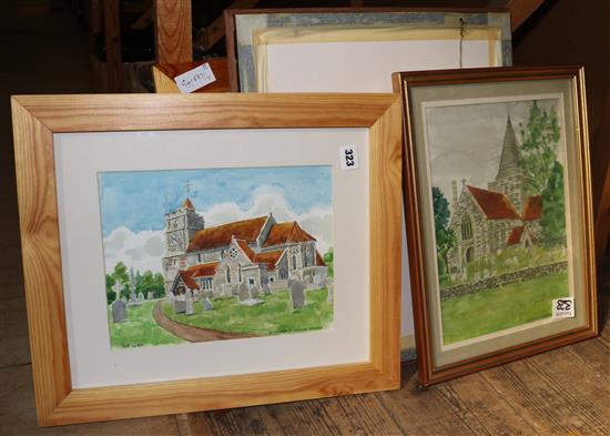 4 watercolours of buildings & another